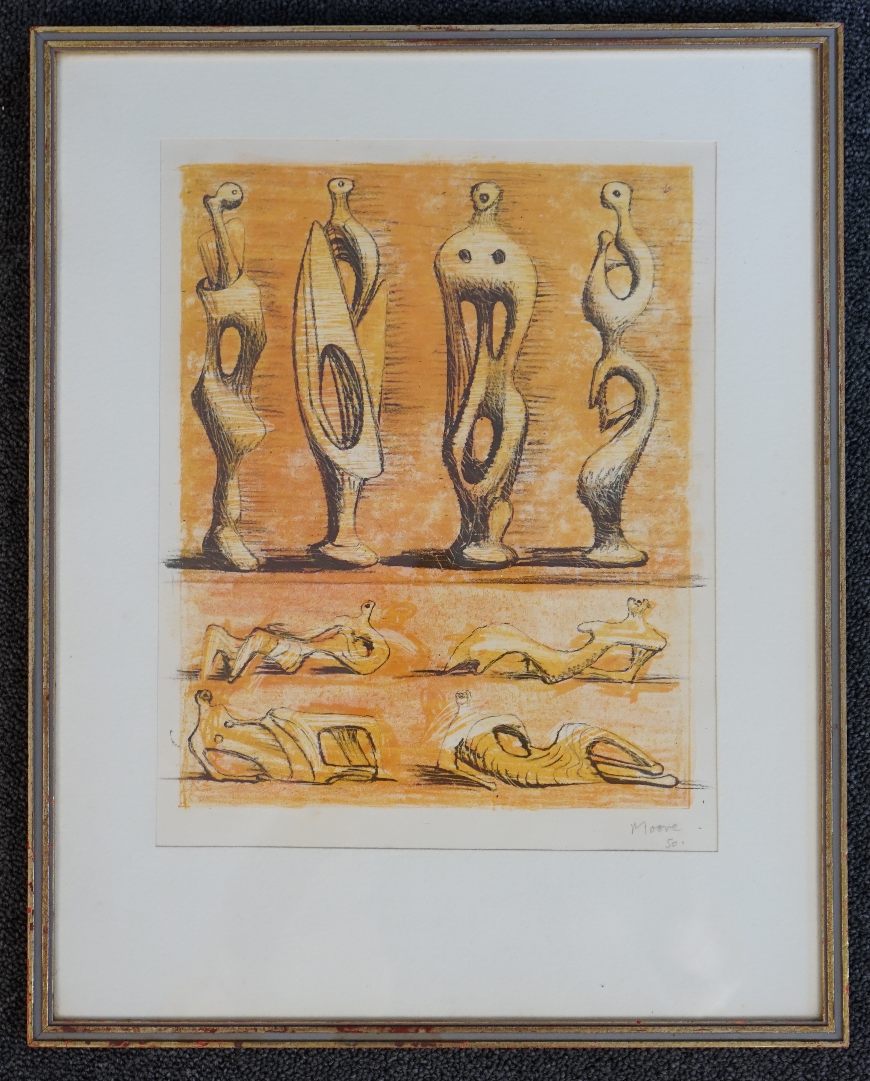 Henry Moore OM CH FBA (1898-1986), 'Standing and reclining figures', lithograph on plastocowell in three colours, 32 x 25cm